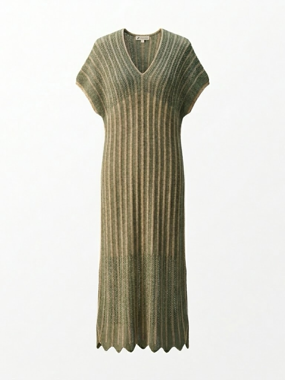 Floris Sage Green Metallic Gold Shimmer Knit Scalloped Edge Maxi Beach Cover Up